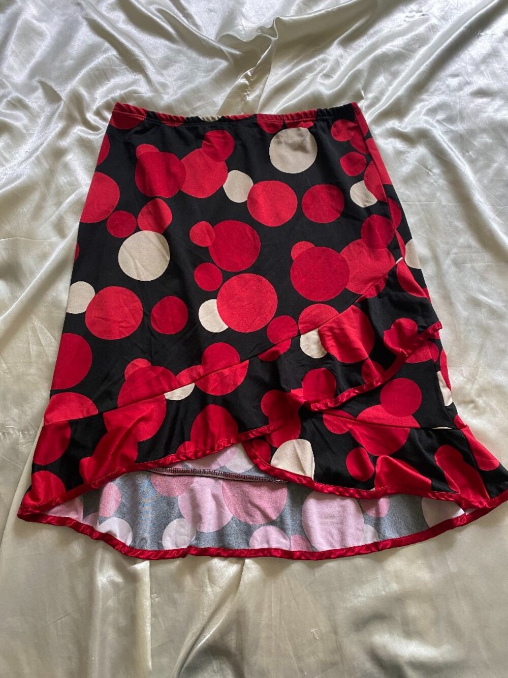 Vintage y2k Black Red Overzied Polka Dot Ruffle High Low Mini Skirt Medium